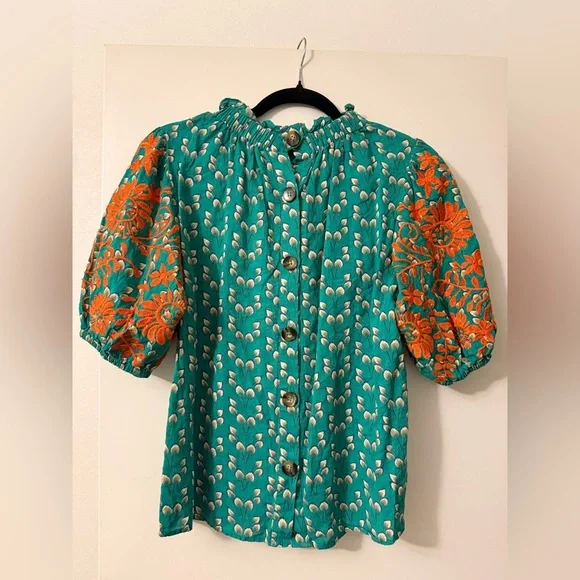 THML Teal and Orange Embroidered Blouse Size Small - Picture 2 of 4